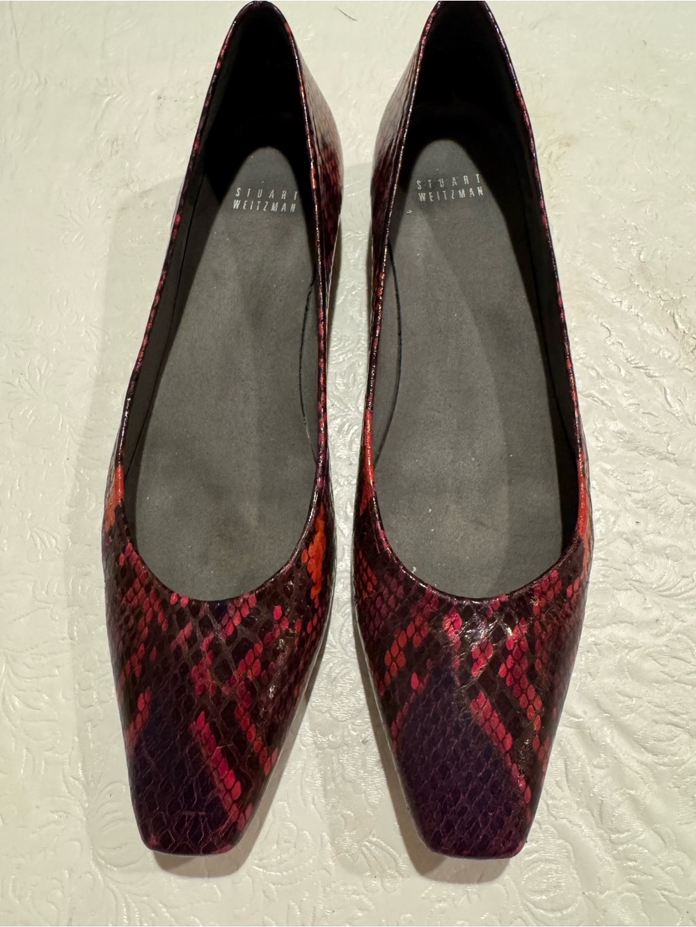 Stuart Weitzman Red and Burgundy Snake-Print Pointed Flats